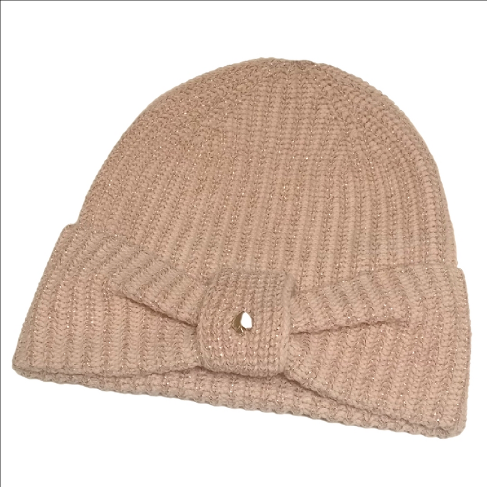 ♠️ KATE SPADE "ENGLISH ROSE" PINK ROSE GOLD METALLIC KNIT WINTER HAT WITH BOW